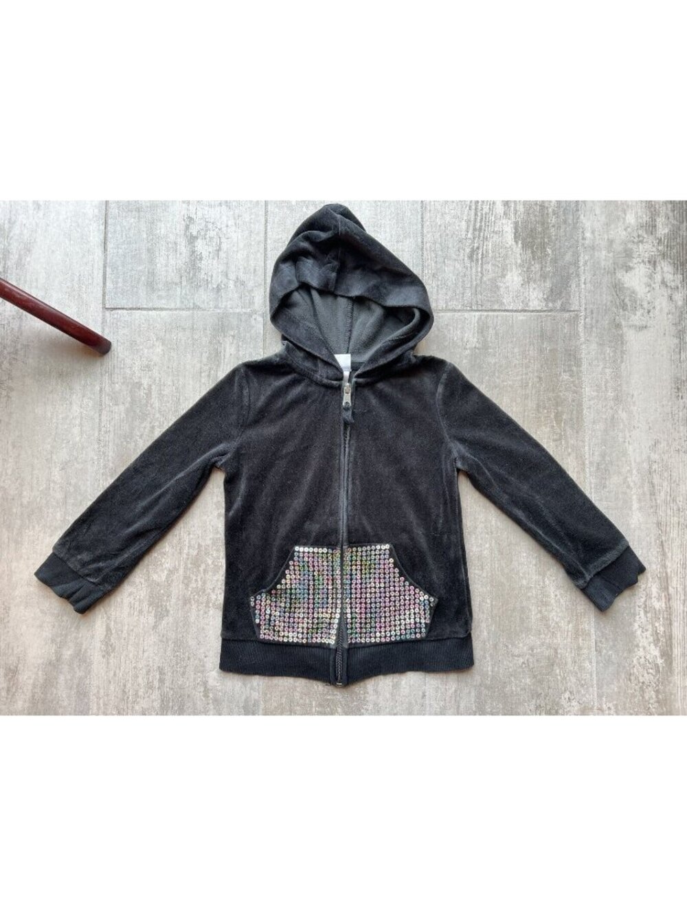 Black Velour Sequin Sparkle Bling Full Zip Hoodie Sweatshirt Girls Dance XS 4-5